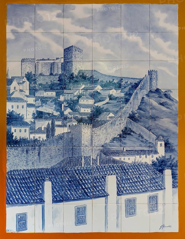 Azelejos, painted tiles with the city motif of the city wall and Obidos Castle, picturesque small town Obidos, Portugal, Europe, Coimbra, Coimbra district, aerial view, birds-eyes view, Travel, travel photography, Obidos
