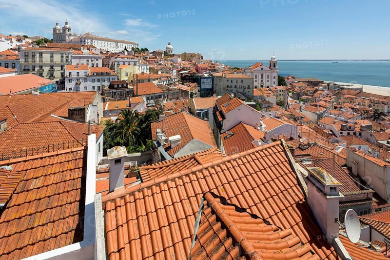 View over the red roofs of Lisbon to the Cathedral SÃ©, Lisbon, Lisbon District, Portugal, Europe, aerial view, birds-eyes view, Travel, Travel Photography