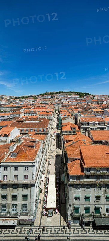 View from Portugal's most famous lift Elevador do Município or Elevador da Biblioteca and Elevador de S. Julião to the old town of Portugal with the red roofs, Lisbon, District of Lisbon, Portugal