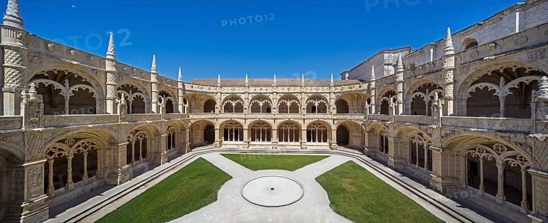 Manueline Cloister of Joao de Castilhos, Mosteiro dos Jerónimos, panoramic views, UNESCO World Heritage Site, Lisbon, Lisbon District, Portugal