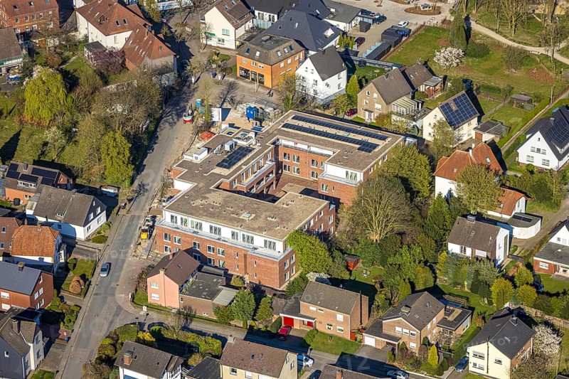 Aerial view, construction site new building Caritas senior centre at the old market, Zum Nierfeld, Bork, Selm, Münsterland, North Rhine-Westphalia, Germany, construction work, construction area, building site, building plots, construction project, construction site, DE, Europe, aerial view, aerial photography, aerial photography, overview, bird's-eye view, overview