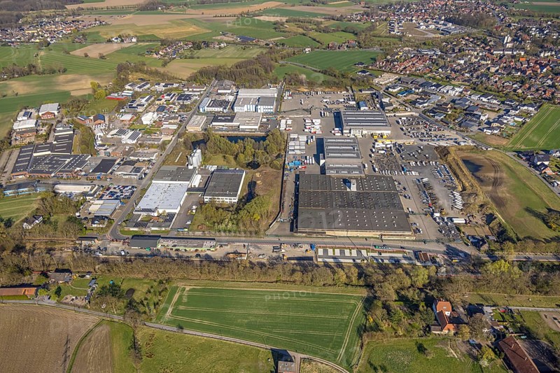 Aerial view, industrial area with construction site at the railway station at Bahnhofstraße, Bork, Selm, Münsterland, North Rhine-Westphalia, Germany, DE, Europe, aerial view, aerial photography, aerial photography, overview, bird's-eye view, overview
