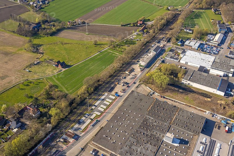 Aerial view, industrial area with construction site at the railway station at Bahnhofstraße, Bork, Selm, Münsterland, North Rhine-Westphalia, Germany, DE, Europe, aerial view, aerial photography, aerial photography, overview, bird's-eye view, overview
