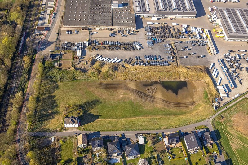 Aerial view, brownfield Nepomukweg in the industrial area at the railway station at Bahnhofstraße, Bork, Selm, Münsterland, North Rhine-Westphalia, Germany, DE, Europe, aerial view, aerial photography, aerial photography, overview, bird's-eye view, overview