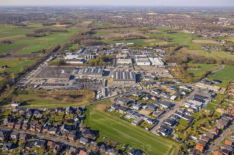 Aerial view, industrial estate Bahnhofstraße, Bork, Selm, Münsterland, North Rhine-Westphalia, Germany, DE, Europe, aerial view, aerial photography, aerial photography, overview, bird's-eye view, overview