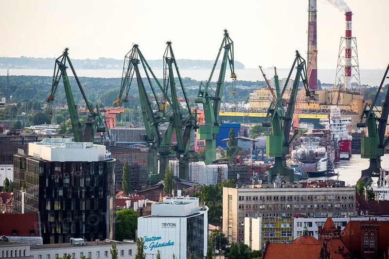 GdaÅsk, view from St. Mary's Church, Gdansk harbour, Gdansk, Baltic Sea coast, Baltic Sea, pomorskie, Pomeranian Voivodeship, Poland, Gdansk, PL, Europe, aerial view, birds-eyes view, aerial photography, aerial photography, overview, bird's eye view