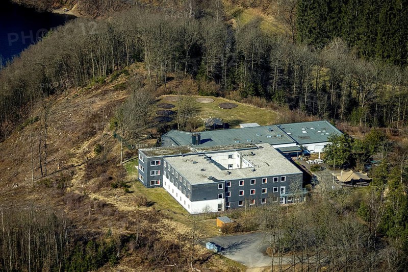 Aerial photo, DJH Youth Hostel Biggesee, Eichhagen, Olpe, Sauerland, North Rhine-Westphalia, Germany, DE, Europe, aerial view, aerial photography, aerial photography, overview, bird's-eye view, overview