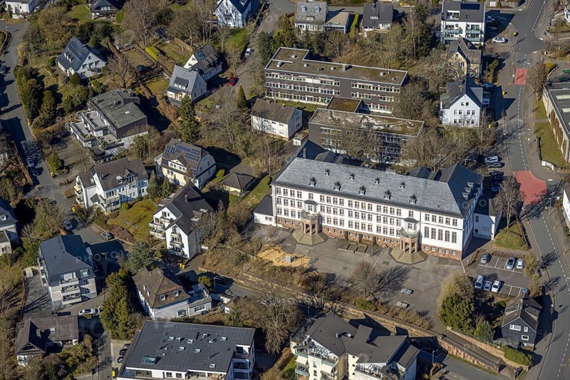 Aerial photo, Städtisches Gymnasium, Olpe-Stadt, Olpe, Sauerland, North Rhine-Westphalia, Germany, education, educational institution, DE, Europe, grammar school, teaching institute, aerial photography, aerial photography, aerial photography, school, overview, bird's-eye view, birds-eyes view, overview