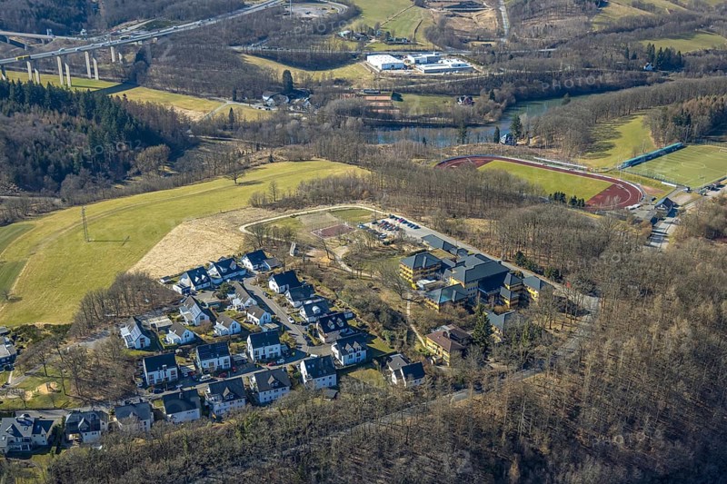 Aerial view, German Red Cross Hospital, Auguste-Liese-Straße housing estate, Kreuzbergstadion football stadium and athletics stadium, Olpe town, Olpe, Sauerland, North Rhine-Westphalia, Germany, DE, Europe, football pitch, football stadium, healthcare, property tax, hospital, real estate, clinic, clinic centre, hospital, hospital, athletics stadium, aerial view, aerial photography, aerial photography, medical facility, medical aid, sports, sports facilities, sports field, sports facility, stadium, overview, bird's-eye view, residential area, residential area and living, residential area, residential quality, residential neighbourhood, residential estate, residential district, birds-eyes view, overview, medical care