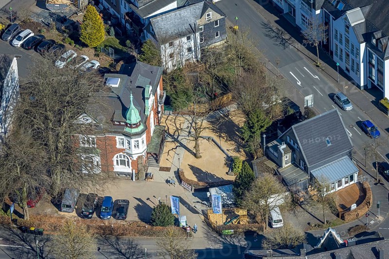 Aerial view, Restaurant Die Villa Olpe wird zum Starnberger Wirtshaus, Olpe town, Olpe, Sauerland, North Rhine-Westphalia, Germany, beer garden, café, DE, food and drink, Europe, inn, restaurant, gastronomy, aerial photography, aerial photography, aerial photography, restaurant, overview, bird's eye view, birds-eyes view, overview
