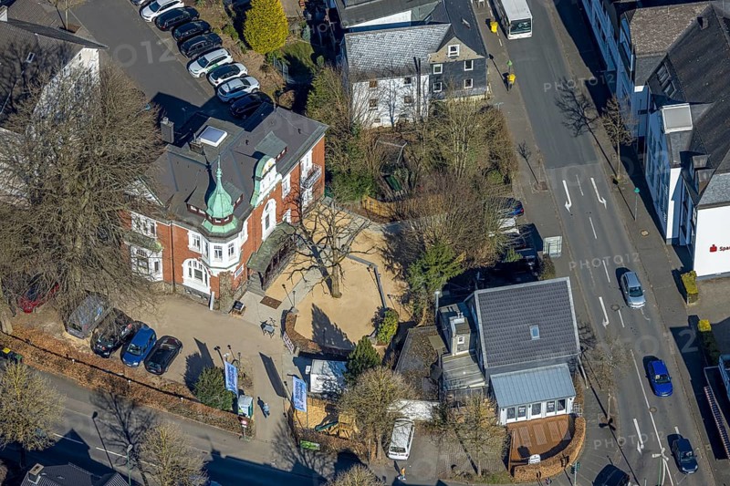 Aerial view, Restaurant Die Villa Olpe wird zum Starnberger Wirtshaus, Olpe town, Olpe, Sauerland, North Rhine-Westphalia, Germany, beer garden, café, DE, food and drink, Europe, inn, restaurant, gastronomy, aerial photography, aerial photography, aerial photography, restaurant, overview, bird's eye view, birds-eyes view, overview