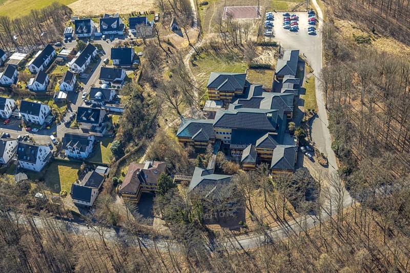 Aerial view, German Red Cross Hospital, housing estate Auguste-Liese-Straße, Olpe town, Olpe, Sauerland, North Rhine-Westphalia, Germany, DE, Europe, health care, property tax, hospital, real estate, clinic, clinic centre, hospital, aerial photograph, aerial photography, aerial photography, medical facility, medical aid, overview, bird's eye view, residential complex, living and life, residential area, quality of life, residential quarter, housing estate, residential area, bird's eye view, overview, medical care