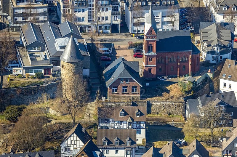 Aerial view, town wall with witch tower and evangelic church Olpe, OT Olpe youth centre and children's centre, Olpe town, Olpe, Sauerland, North Rhine-Westphalia, Germany, DE, Europe, aerial view, aerial photography, aerial photography, tower, overview, bird's-eye view, overview