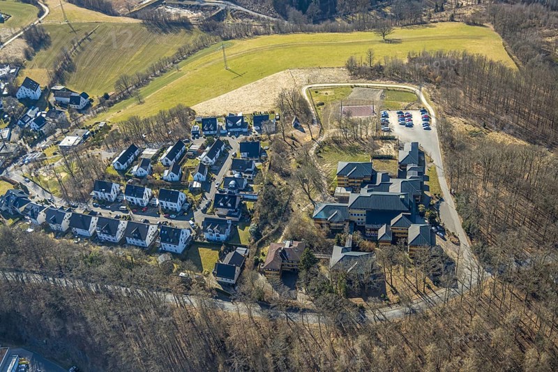 Aerial view, German Red Cross Hospital, housing estate Auguste-Liese-Straße, Olpe town, Olpe, Sauerland, North Rhine-Westphalia, Germany, DE, Europe, health care, property tax, hospital, real estate, clinic, clinic centre, hospital, aerial photograph, aerial photography, aerial photography, medical facility, medical aid, overview, bird's eye view, residential complex, living and life, residential area, quality of life, residential quarter, housing estate, residential area, bird's eye view, overview, medical care