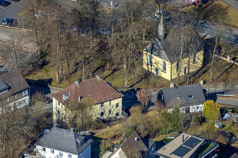 Aerial view, catholic cross chapel Am Bratzkopf, heritage-protected church building, Olpe town, Olpe, Sauerland, North Rhine-Westphalia, Germany, DE, monument, Europe, aerial view, aerial photography, aerial photography, overview, bird's eye view, birds-eyes view, heritage-protected building, overview