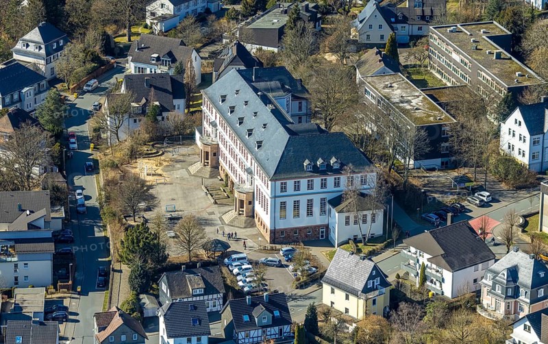 Aerial photo, Städtisches Gymnasium, Olpe-Stadt, Olpe, Sauerland, North Rhine-Westphalia, Germany, education, educational institution, DE, Europe, grammar school, teaching institute, aerial photography, aerial photography, aerial photography, school, overview, bird's-eye view, birds-eyes view, overview