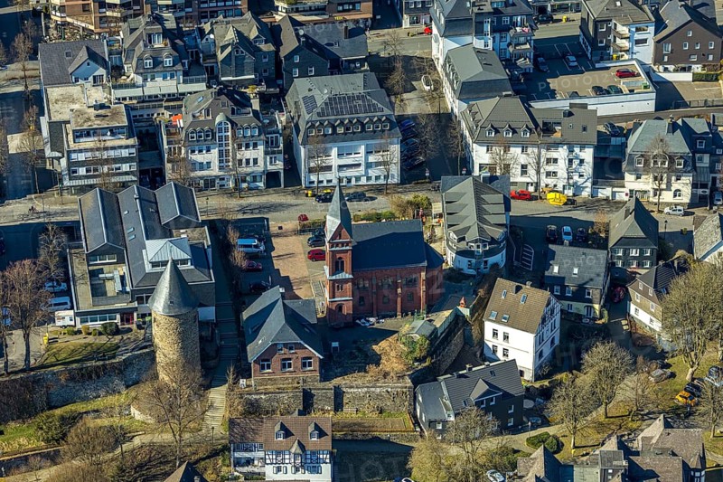 Aerial view, city wall with witch tower, evang. Church Olpe, OT Olpe youth centre and children's centre, residential area Frankfurter Straße, Olpe town, Olpe, Sauerland, North Rhine-Westphalia, Germany, place of worship, DE, Europe, religious community, place of worship, property tax, holy place, real estate, church, parish, denomination, aerial view, aerial photography, aerial photography, religion, religious site, tower, overview, bird's-eye view, watchtower, residential complex, living and life, residential area, quality of life, residential neighbourhood, housing estate, residential area, birds-eyes view, overview