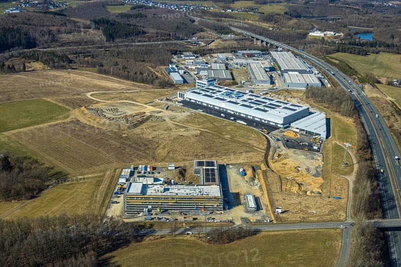 Aerial view, commercial area Nicolaus-Otto-Straße with construction site and new building Alte Landstraße and Am Bratzkopf, Olpe-Stadt, Olpe, Sauerland, North Rhine-Westphalia, Germany, DE, Europe, commercial enterprises, commercial area, commercial area, commercial property, commercial park, commercial location, commercial use, industrial location, aerial view, aerial photography, aerial photography, overview, bird's-eye view, overview