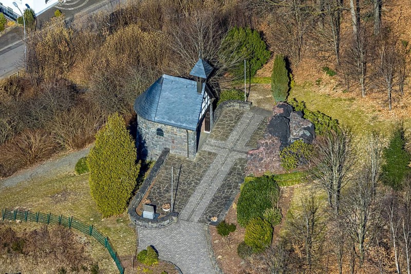 Aerial view, Lourdes Grotto with gardens, Altenkleusheim, Olpe, Sauerland, North Rhine-Westphalia, Germany, place of worship, DE, Europe, religious community, place of worship, holy place, church, parish, denomination, aerial view, aerial photography, aerial photography, religion, religious site, overview, bird's-eye view, overview