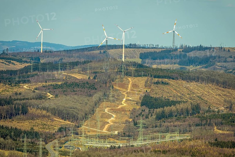 Aerial view, Altenkleusheim substation, wind turbines and distant view, forest area and forest damage, Altenkleusheim, Olpe, Sauerland, North Rhine-Westphalia, Germany, DE, Europe, aerial view, aerial photography, aerial photography, overview, bird's-eye view, overview