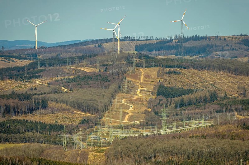 Aerial view, Altenkleusheim substation, wind turbines and distant view, forest area and forest damage, Altenkleusheim, Olpe, Sauerland, North Rhine-Westphalia, Germany, DE, Europe, aerial view, aerial photography, aerial photography, overview, bird's-eye view, overview