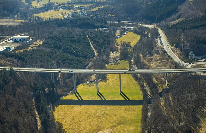 Aerial view, motorway bridge Rosenthal of the A45 Sauerlandlinie, junction Olpe, Olpe-Stadt, Olpe, Sauerland, North Rhine-Westphalia, Germany, motorway A45, federal road B55, DE, Europe, aerial view, aerial photography, aerial photography, valley bridge, overview, bird's-eye view, overview
