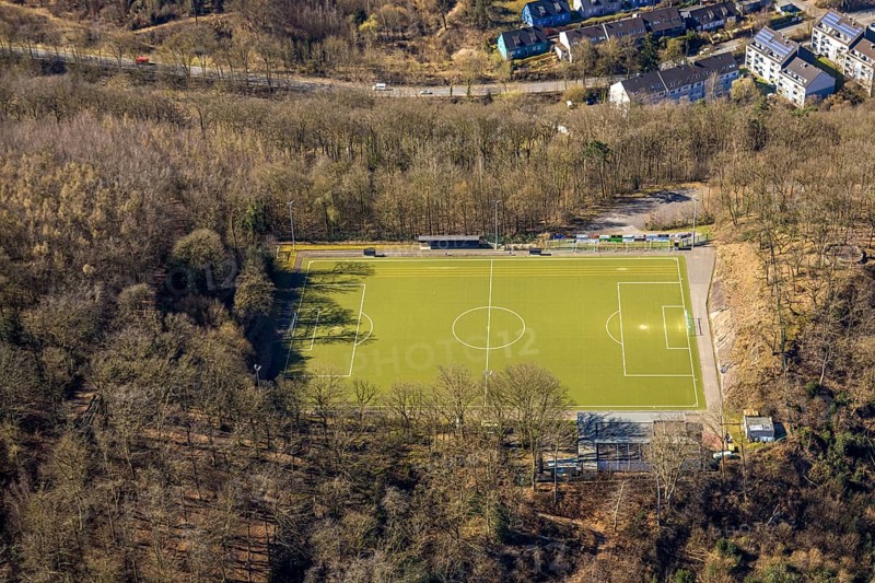 Aerial view, sports field Am Brasberg football stadium in the forest, Wengern, Wetter, Ruhr area, North Rhine-Westphalia, Germany, DE, Europe, football field, football stadium, football club, aerial view, aerial photography, aerial photography, sports, sports facilities, sports field, sports facility, stadium, overview, bird's eye view, Wetter (Ruhr), birds-eyes view, overview