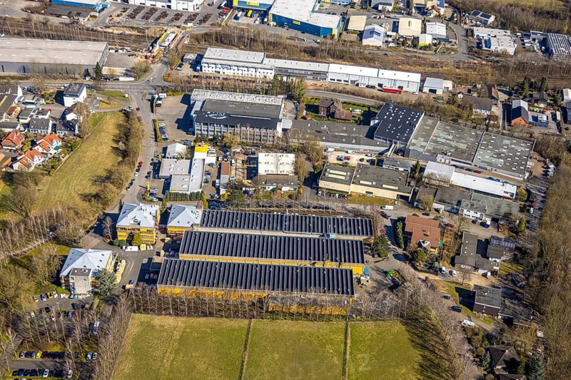 Aerial view, Taprogge GmbH mechanical engineering company factory buildings, in the industrial estate Herringhäuser Feld, Esborn, Wetter, Ruhr area, North Rhine-Westphalia, Germany, DE, Europe, commercial enterprises, commercial area, commercial property, commercial park, commercial site, commercial use, industrial area, industrial site, aerial photograph, aerial photography, aerial photography, overview, bird's-eye view, Wetter (Ruhr), birds-eyes view, overview