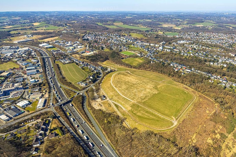 Aerial view, Kippe Projektentwicklung Enerke GmbH An der Kohlenbahn, motorway A1 with traffic jam, Grundschöttel, Wetter, Ruhr area, North Rhine-Westphalia, Germany, DE, Europe, truck traffic jam, aerial view, aerial photography, aerial photography, road traffic, overview, bird's eye view, Wetter (Ruhr), birds-eyes view, overview