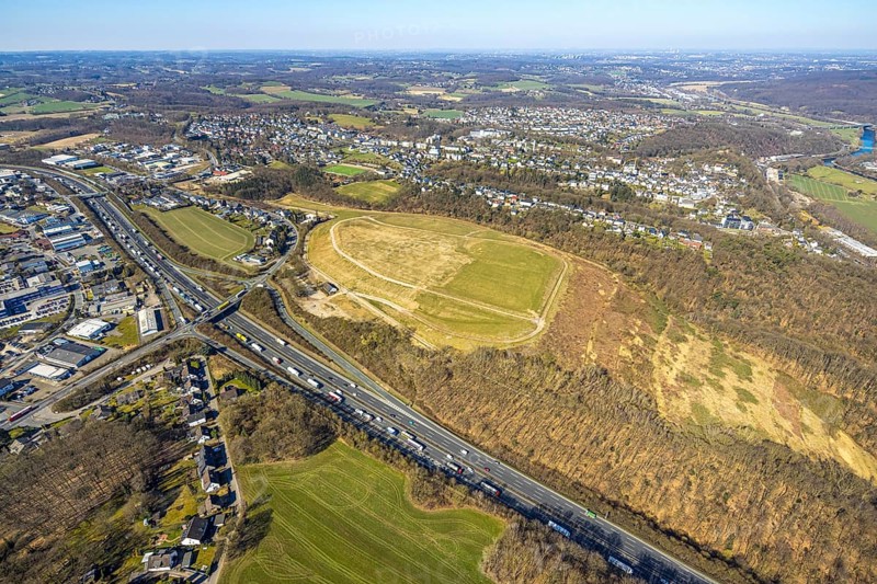Aerial view, Kippe Projektentwicklung Enerke GmbH An der Kohlenbahn, motorway A1 with traffic jam, Grundschöttel, Wetter, Ruhr area, North Rhine-Westphalia, Germany, DE, Europe, truck traffic jam, aerial view, aerial photography, aerial photography, road traffic, overview, bird's eye view, Wetter (Ruhr), birds-eyes view, overview