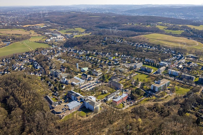 Aerial view, Evangelische Stiftung Volmarstein, workshop for disabled people, medical centre, forest and distant view, Grundschöttel, Wetter, Ruhr area, North Rhine-Westphalia, Germany, DE, Europe, healthcare, hospital, clinic, clinic centre, hospital, aerial photograph, aerial photography, aerial photography, medical facility, medical aid, overview, bird's eye view, Wetter (Ruhr), birds-eyes view, overview, medical care