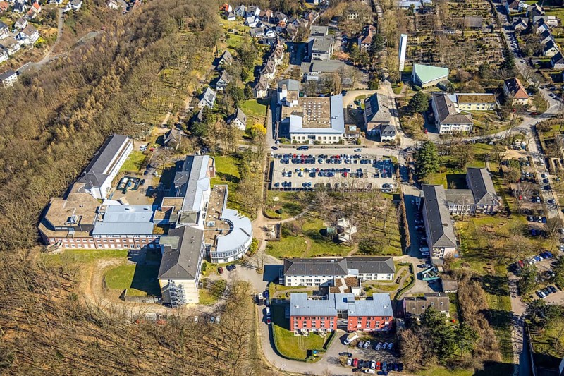 Aerial view, Evangelische Stiftung Volmarstein, workshop for disabled people, medical centre, Grundschöttel, Wetter, Ruhr area, North Rhine-Westphalia, Germany, DE, Europe, health care, hospital, clinic, clinic centre, hospital, aerial photograph, aerial photography, aerial photography, medical facility, medical aid, overview, bird's eye view, Wetter (Ruhr), birds-eyes view, overview, medical care
