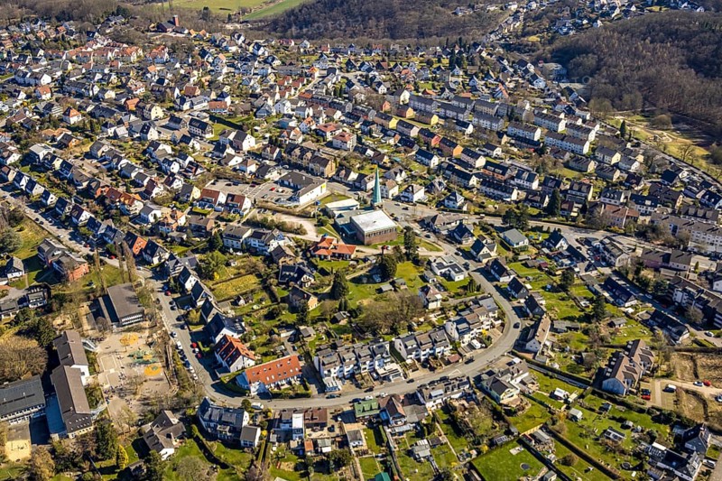 Aerial view, residential area Steinkampstraße local view Oberwengern with Christuskirche Grundschöttel, Oberwengern, Wetter, Ruhr area, North Rhine-Westphalia, Germany, place of worship, DE, Europe, religious community, place of worship, property tax, holy place, real estate, church, parish, denomination, aerial view, aerial photography, aerial photography, religion, religious site, overview, bird's-eye view, Wetter (Ruhr), housing estate, housing and living, residential area, quality of life, residential neighbourhood, housing estate, residential area, birds-eyes view, overview