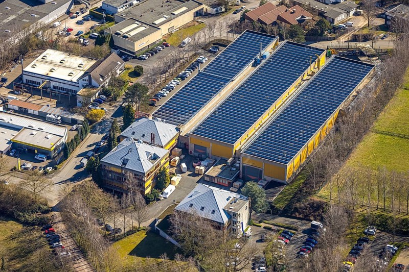 Aerial view, Taprogge GmbH mechanical engineering company factory buildings, in the industrial estate Herringhäuser Feld, Esborn, Wetter, Ruhr area, North Rhine-Westphalia, Germany, DE, Europe, commercial enterprises, commercial area, commercial property, commercial park, commercial site, commercial use, industrial area, industrial site, aerial photograph, aerial photography, aerial photography, overview, bird's-eye view, Wetter (Ruhr), birds-eyes view, overview