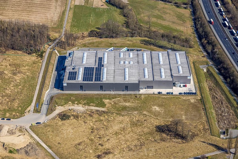 Aerial view, industrial estate An den Drei Eichen, AOS Stahl GmbH, Grundschöttel, Wetter, Ruhr area, North Rhine-Westphalia, Germany, DE, Europe, commercial enterprises, commercial area, industrial estate, commercial property, commercial park, commercial location, commercial use, industrial area, industrial location, aerial photograph, aerial photography, aerial photography, overview, bird's-eye view, Wetter (Ruhr), birds-eyes view, overview