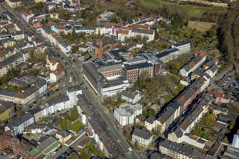 Aerial view, residential area Ardeystraße and Crendeldanzstraße, in the centre Marienhospital and Marienkirche, behind Kita Zum Ledderken, below the old fire station, sunshine, Witten, Ruhr area, North Rhine-Westphalia, Germany, place of worship, DE, Europe, health care, religious community, place of worship, holy place, hospital, kindergarten, day care centre, day nursery, church, parish, day nursery, clinic, clinic, denomination, hospital, aerial view, aerial photography, aerial photography, medical facility, medical aid, place, religion, religious site, overview, bird's-eye view, birds-eyes view, overview, medical care