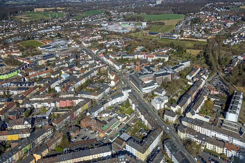 Aerial view, residential area Ardeystraße and Crendeldanzstraße, in the centre Marienhospital and Marienkirche, below the old fire station, behind Pilkington Automotive Deutschland GmbH, sunshine, Witten, Ruhr area, North Rhine-Westphalia, Germany, place of worship, DE, Europe, health care, religious community, place of worship, sanctuary, hospital, church, parish, clinic, clinic centre, denomination, hospital, hospital, aerial view, aerial photography, aerial photography, medical facility, medical aid, place, religion, religious site, overview, bird's-eye view, birds-eyes view, overview, medical care