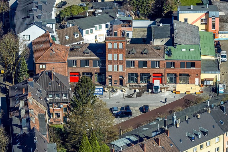 Aerial view, old fire station with tower on the main street, planned redesign for residential area, city centre, Witten, Ruhr area, North Rhine-Westphalia, Germany, construction site, DE, Europe, fire brigade, aerial view, aerial photography, aerial photography, location, overview, conversion, bird's eye view, flats, birds-eyes view, overview