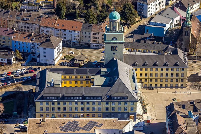 Aerial view, town hall with renovation, Witten, Ruhr area, North Rhine-Westphalia, Germany, authority, community centre, DE, Europe, aerial view, aerial photography, aerial photography, location, town hall, city administration, overview, bird's-eye view, overview