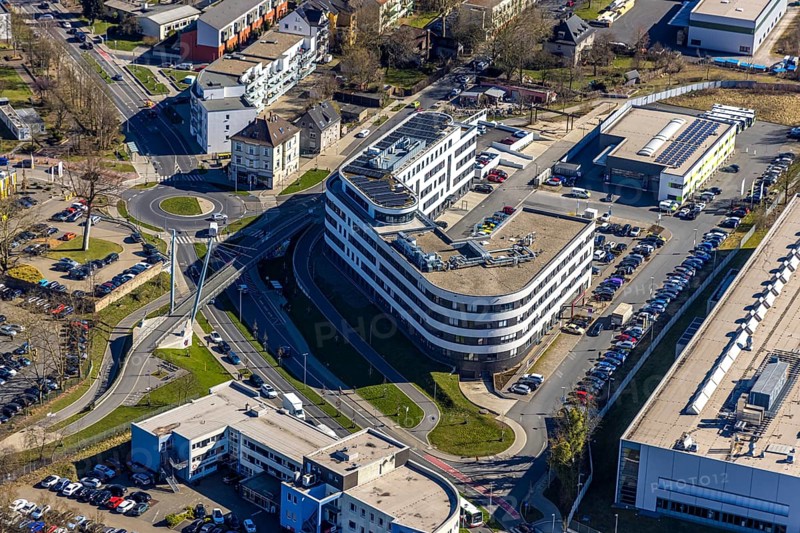 Aerial view, medical centre Pferdebachstraße, extension new building and roundabout, bridge cycle path Rheinischer Esel, sunshine, Witten, Ruhr area, North Rhine-Westphalia, Germany, DE, Europe, aerial view, aerial photography, aerial photography, location, overview, bird's-eye view, overview
