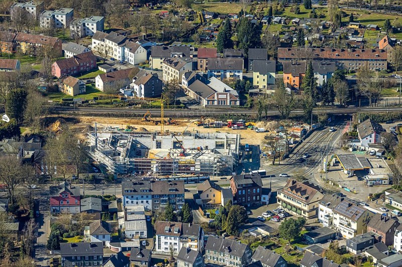Aerial view, construction site with new building shopping centre Rewe supermarket, Crengeldanzstraße, Witten, Ruhr area, North Rhine-Westphalia, Germany, construction work, construction area, construction site, building plots, construction project, construction site, DE, shopping centre, shopping markets, shopping square, shopping centre, Europe, aerial view, aerial photography, aerial photography, local supply centre, new building, location, shopping centre, supermarket, overview, bird's eye view, bird's eye view, overview