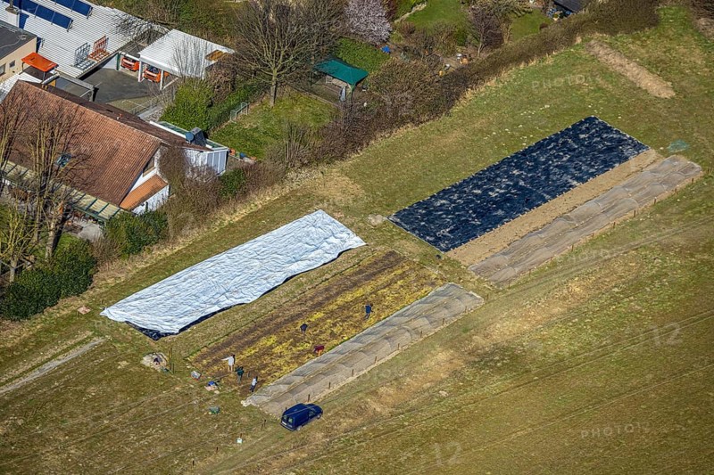Aerial view, covering tarpaulins in the herb garden and gardening at Christopherus-Haus e.V. - Wohn- und Lebensgemeinschaft Witten Christopherus-Hof, Annen, Witten, Ruhr area, North Rhine-Westphalia, Germany, DE, Europe, gardening, garden design, Haus Gottessegen, aerial view, aerial photography, aerial photography, aerial photography, location, overview, bird's-eye view, birds-eyes view, overview