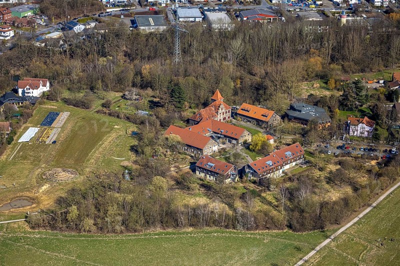 Aerial view, Christopherus-Haus e.V. - Wohn- und Lebensgemeinschaft Witten Christopherus-Hof, Addeckplanen im Kräutergarten und Gartenarbeiten, Annen, Witten, Ruhr Area, North Rhine-Westphalia, Germany, DE, Europe, Haus Gottessegen, aerial view, aerial photography, aerial photography, location, overview, bird's eye view, living and living, handicapped accessible living, birds-eyes view, overview