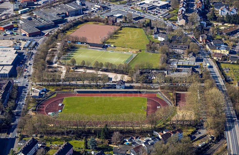 Aerial view, sports facility Wullenstadion, football stadium FSV Witten and VfB Annen, between Dortmunder Straße and Westfalenstraße, Witten, Ruhr area, North Rhine-Westphalia, Germany, DE, Europe, aerial view, aerial photography, aerial photography, location, overview, bird's-eye view, overview