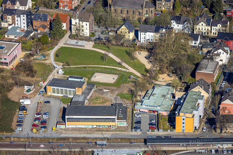 Aerial view, construction site educational quarter, park of generations with indoor swimming pool, kindergarten day care centre Märkische Straße, Annen, Witten, Ruhr area, North Rhine-Westphalia, Germany, construction work, construction area, building site, building plots, construction project, construction site, DE, Europe, kindergarten, day care centre, day care centre, aerial photograph, aerial photography, aerial photography, new building, location, overview, bird's-eye view, overview