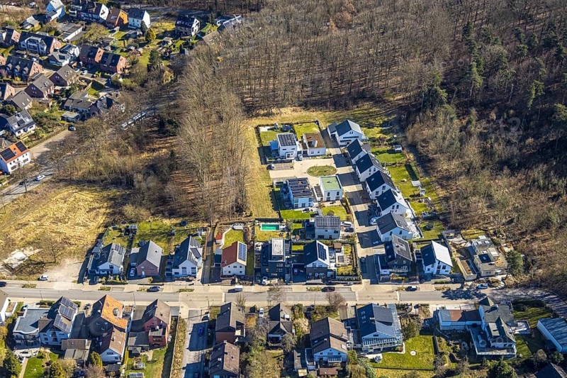 Aerial view, new housing estate Waldstraße, Annen, Witten, Ruhr area, North Rhine-Westphalia, Germany, DE, Europe, property tax, real estate, aerial view, aerial photography, aerial photography, location, overview, bird's-eye view, residential complex, living and living, residential area, residential buildings, quality of living, residential neighbourhood, housing estate, birds-eyes view, overview