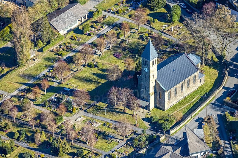Aerial view, Protestant church and cemetery burial ground Wemerstraße, Rüdinghausen, Witten, Ruhr area, North Rhine-Westphalia, Germany, DE, Europe, aerial view, aerial photography, aerial photography, location, overview, bird's-eye view, overview