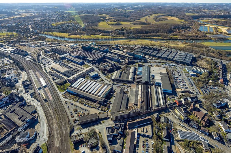 Aerial view, Deutsche Edelstahlwerke Steel Gmbh, view to the river Ruhr and into the Muttental valley with Nachtigall colliery, Witten, Ruhr area, North Rhine-Westphalia, Germany, DE, Europe, commercial enterprises, commercial area, commercial property, commercial site, commercial use, industrial area, industrial site, aerial photograph, aerial photography, aerial photography, location, overview, bird's-eye view, birds-eyes view, overview