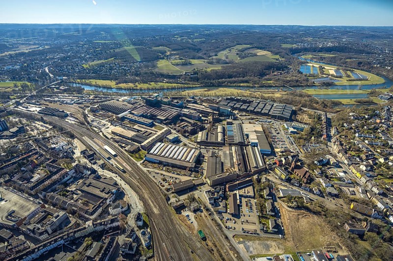 Aerial view, Deutsche Edelstahlwerke Steel Gmbh, view to the river Ruhr and into the Muttental valley with Nachtigall colliery, Witten, Ruhr area, North Rhine-Westphalia, Germany, DE, Europe, commercial enterprises, commercial area, commercial property, commercial site, commercial use, industrial area, industrial site, aerial photograph, aerial photography, aerial photography, location, overview, bird's-eye view, birds-eyes view, overview