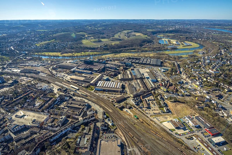 Aerial view, Deutsche Edelstahlwerke Steel Gmbh, view to the river Ruhr and into the Muttental valley with Nachtigall colliery, Witten, Ruhr area, North Rhine-Westphalia, Germany, DE, Europe, commercial enterprises, commercial area, commercial property, commercial site, commercial use, industrial area, industrial site, aerial photograph, aerial photography, aerial photography, location, overview, bird's-eye view, birds-eyes view, overview